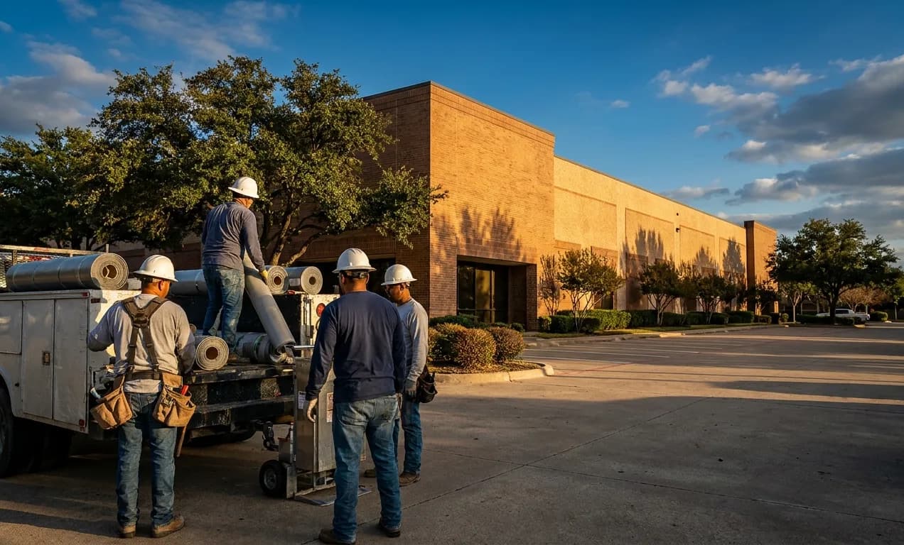 A commercial roofing crew loading materials at a Dallas-Fort Worth job site A commercial roofing crew loading materials at a Dallas-Fort Worth job site