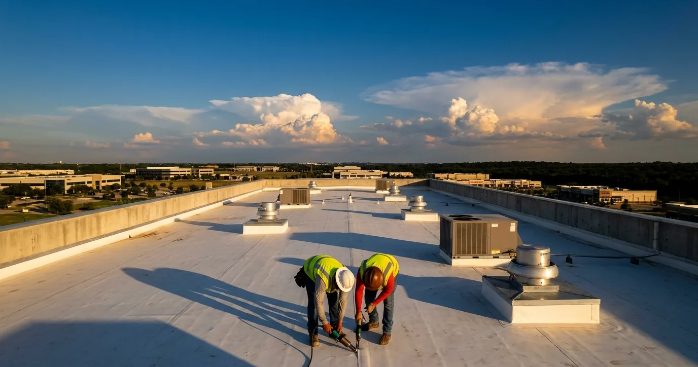 A commercial roofing crew welding a membrane seam on a low-slope Dallas-Fort Worth rooftop at golden hour A commercial roofing crew welding a membrane seam on a low-slope Dallas-Fort Worth rooftop at golden hour