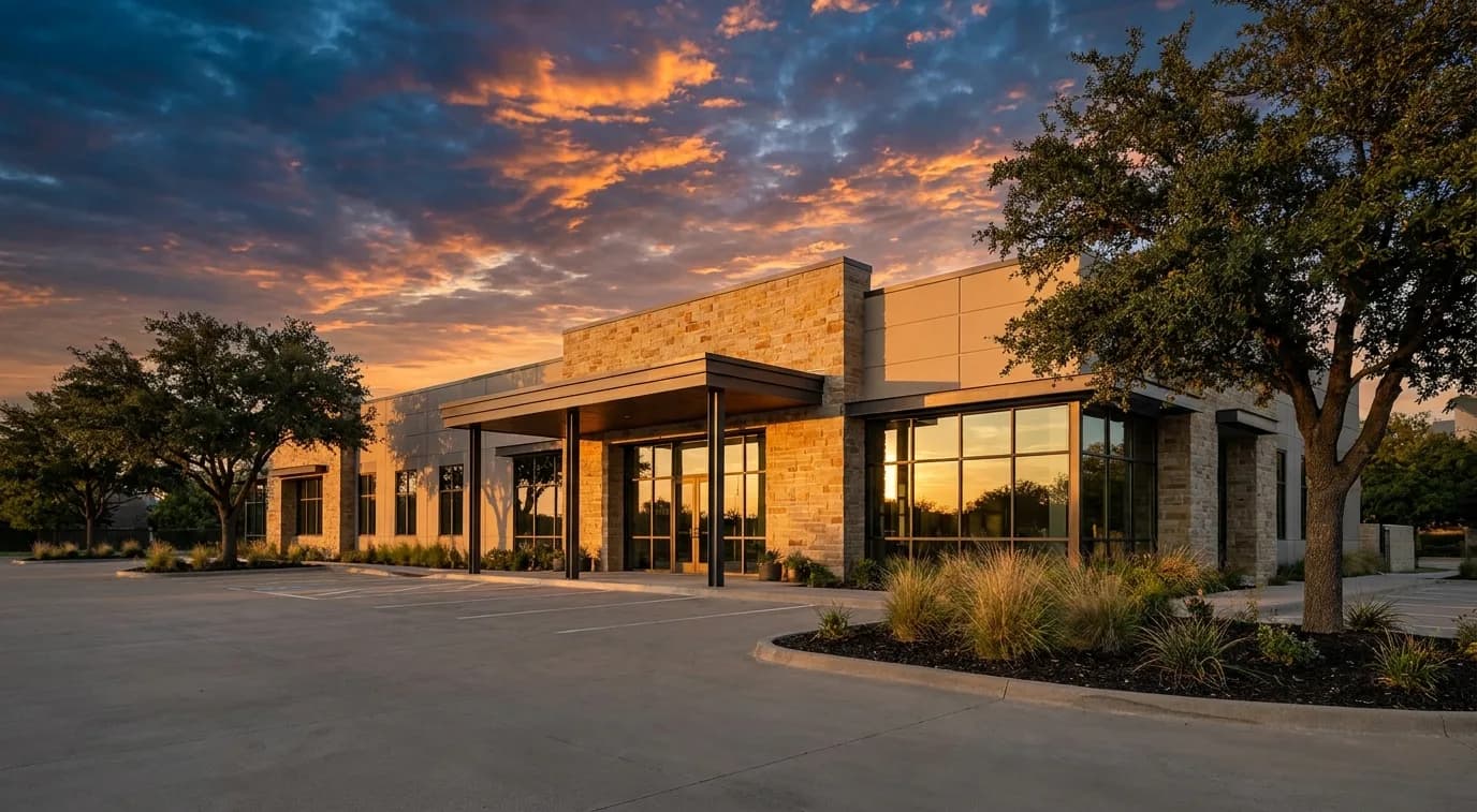 A commercial office building exterior with a covered entrance and landscaped entry, similar to our Plano, TX office A commercial office building exterior with a covered entrance and landscaped entry, similar to our Plano, TX office