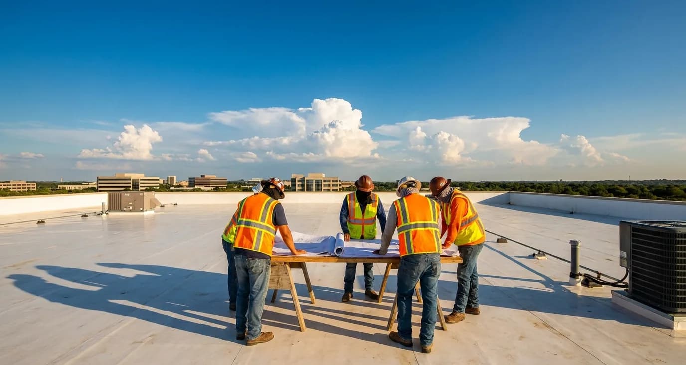 A commercial roofing crew gathered around rooftop plans on a Dallas-Fort Worth job site A commercial roofing crew gathered around rooftop plans on a Dallas-Fort Worth job site
