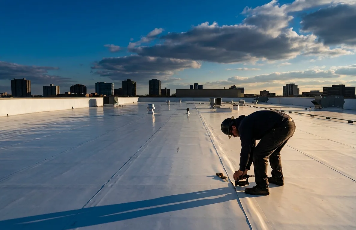 A wide view across a large commercial rooftop with a technician inspecting a membrane seam A wide view across a large commercial rooftop with a technician inspecting a membrane seam