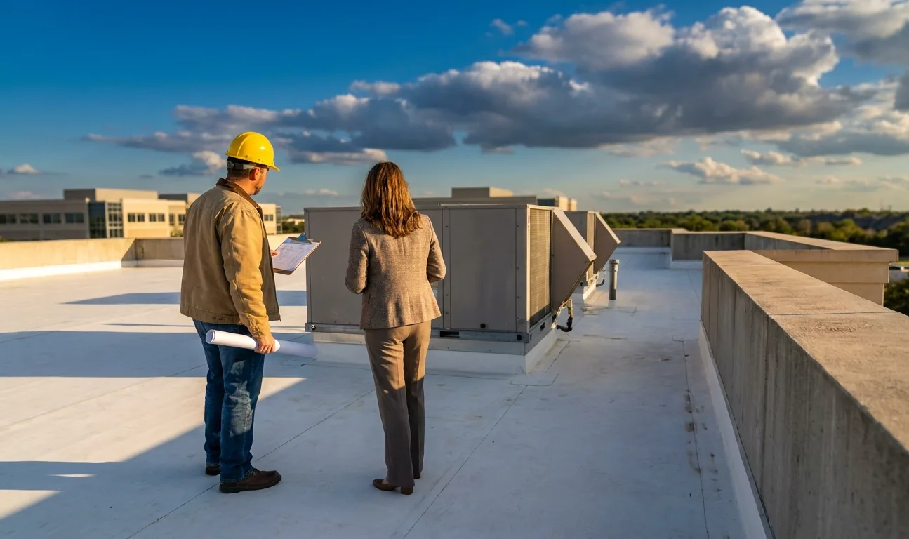 A roofing foreman reviewing rooftop plans with a property manager on a Dallas-Fort Worth commercial building's roof A roofing foreman reviewing rooftop plans with a property manager on a Dallas-Fort Worth commercial building's roof