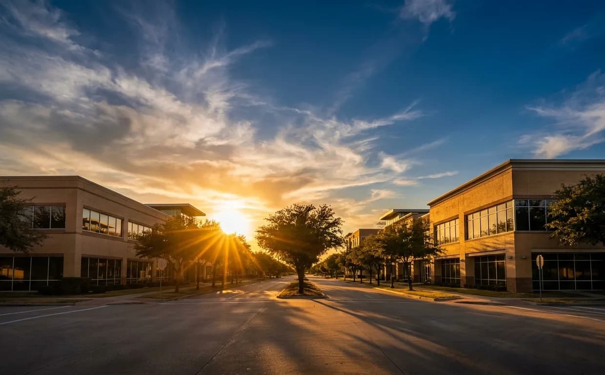 A North Texas commercial business district of low-rise office and retail buildings at golden hour A North Texas commercial business district of low-rise office and retail buildings at golden hour